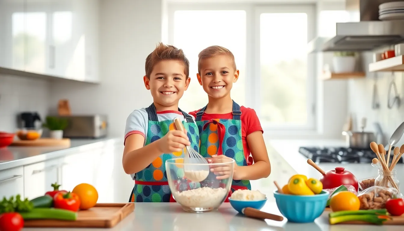 A child cooking independently in a bright, modern kitchen.