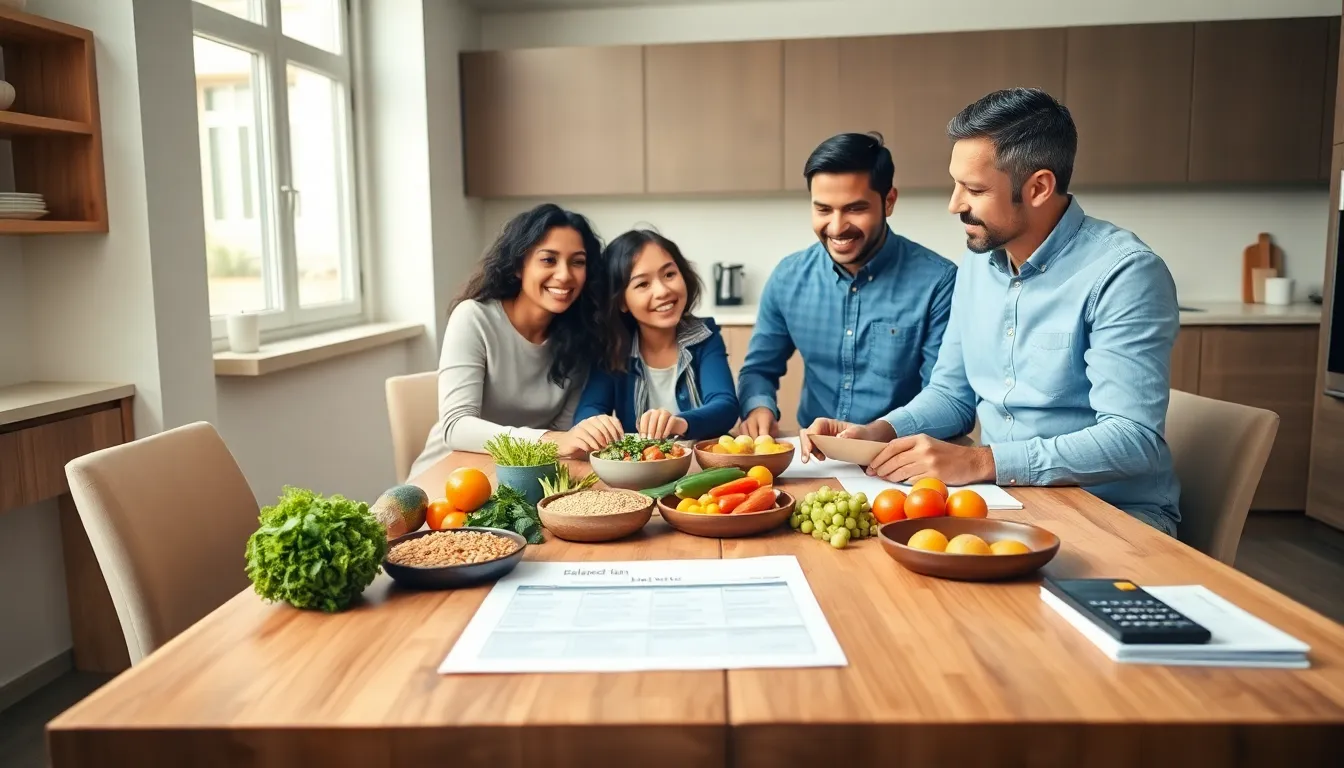 family discussing meal planning and budgeting in a modern kitchen.