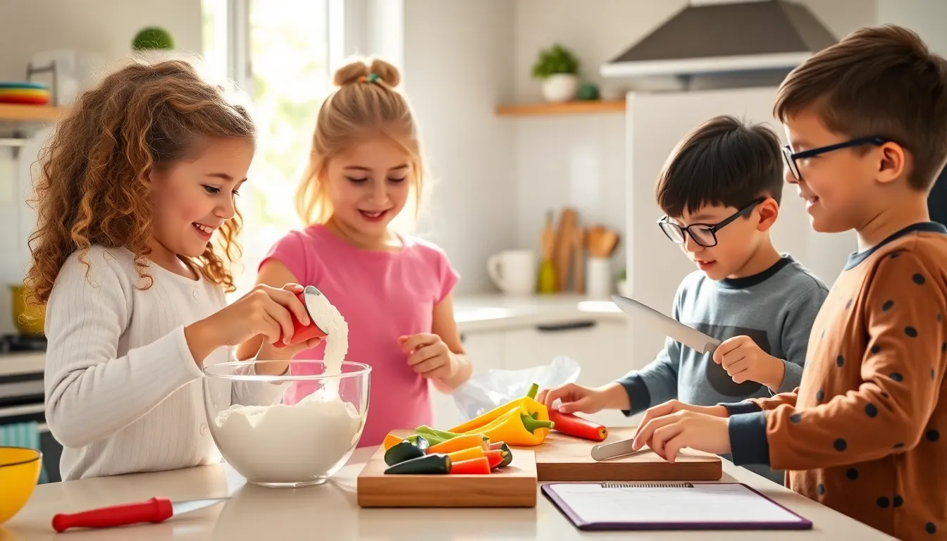 children cooking together in a bright kitchen.