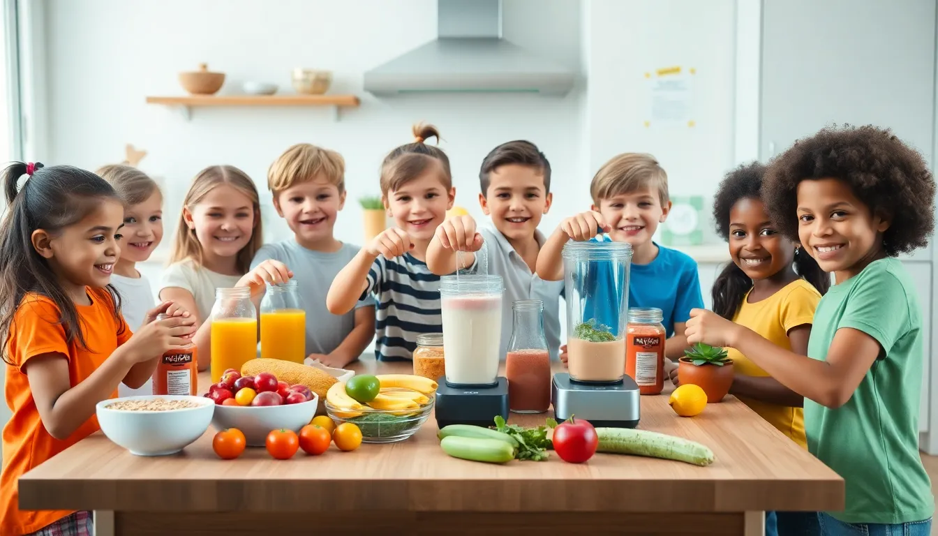 children making nutrition shakes in a bright kitchen.