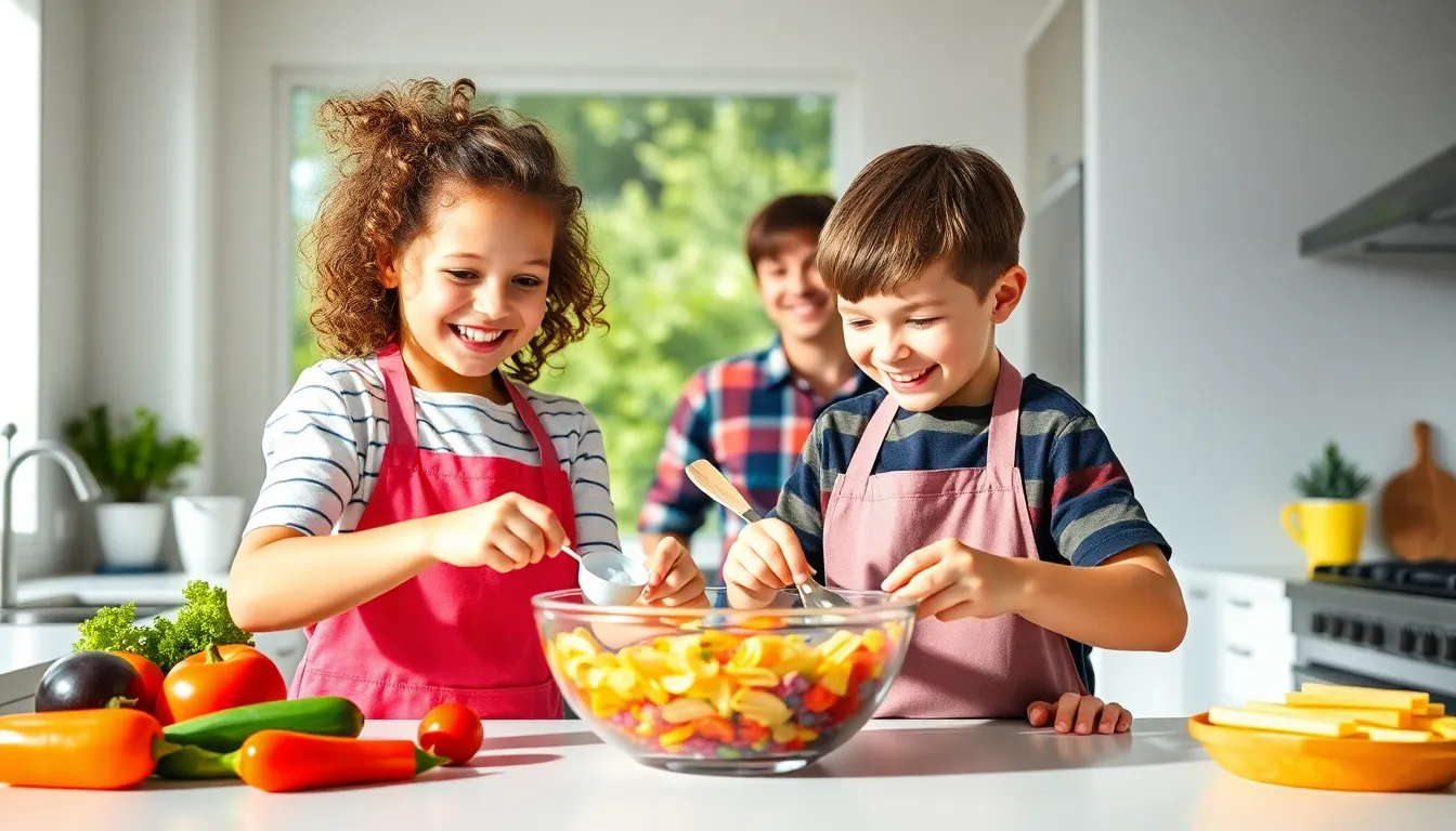 two kids cooking together in a bright kitchen.