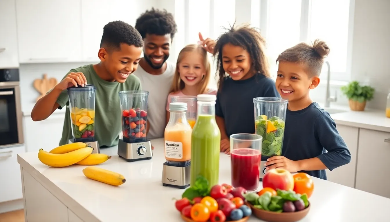 children making nutritious drinks in a modern kitchen.