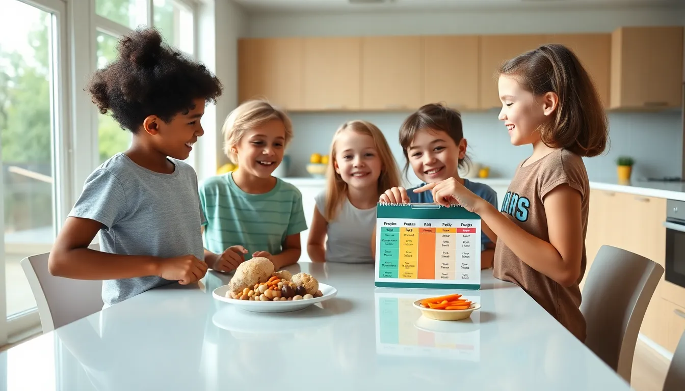 children discussing protein intake in a modern kitchen.