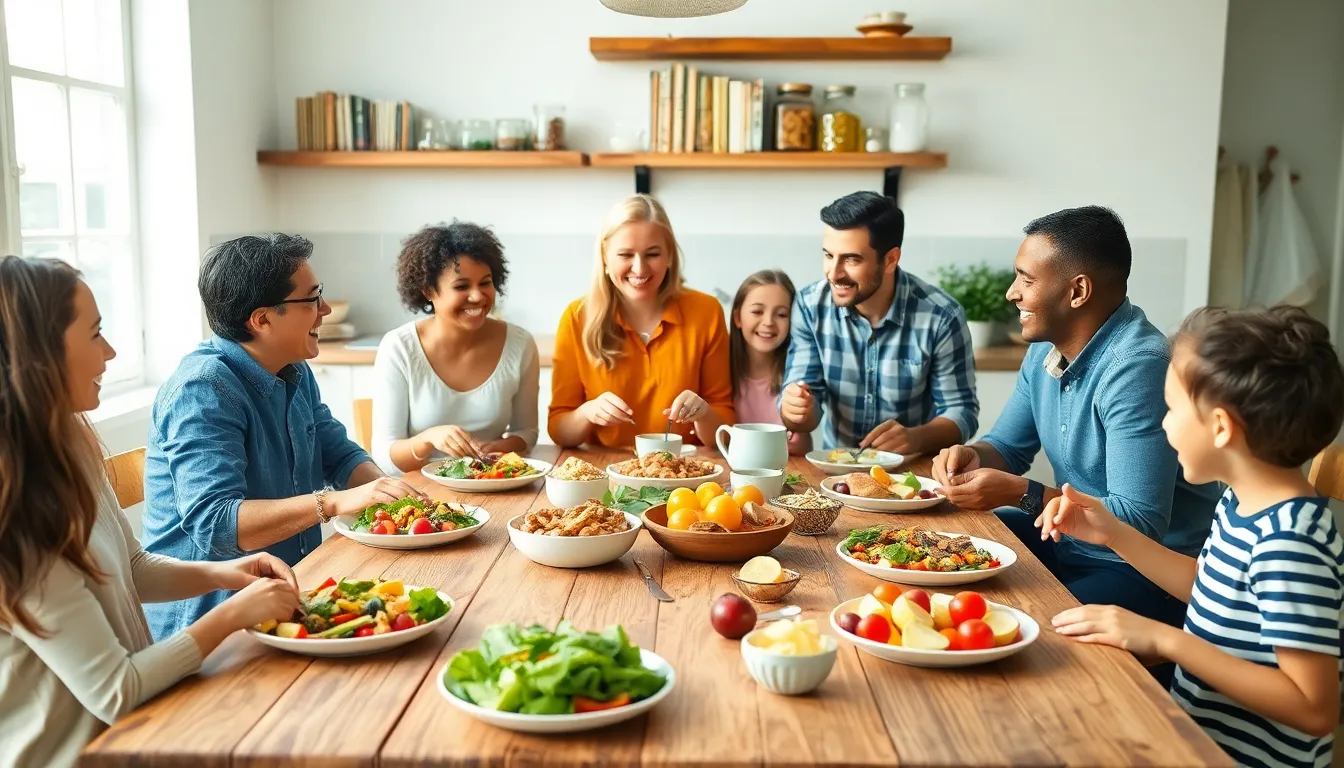 family sharing healthy meals at a dining table in a cozy kitchen.