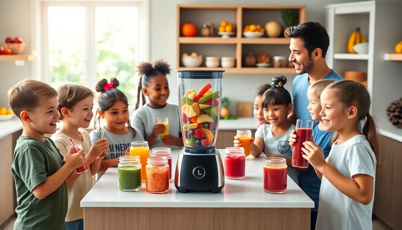 children enjoying smoothies made with nutrition powder in a bright kitchen.