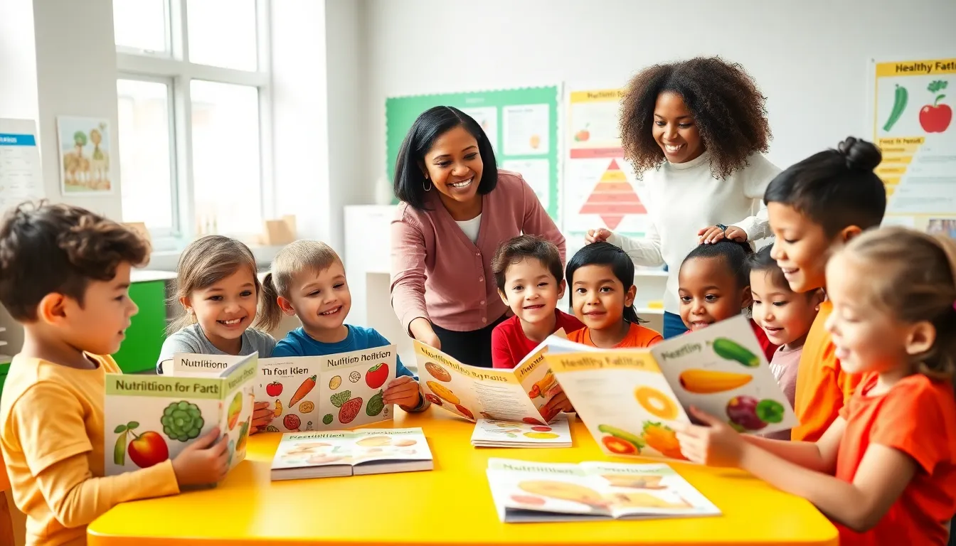 children exploring nutrition books in a colorful classroom.