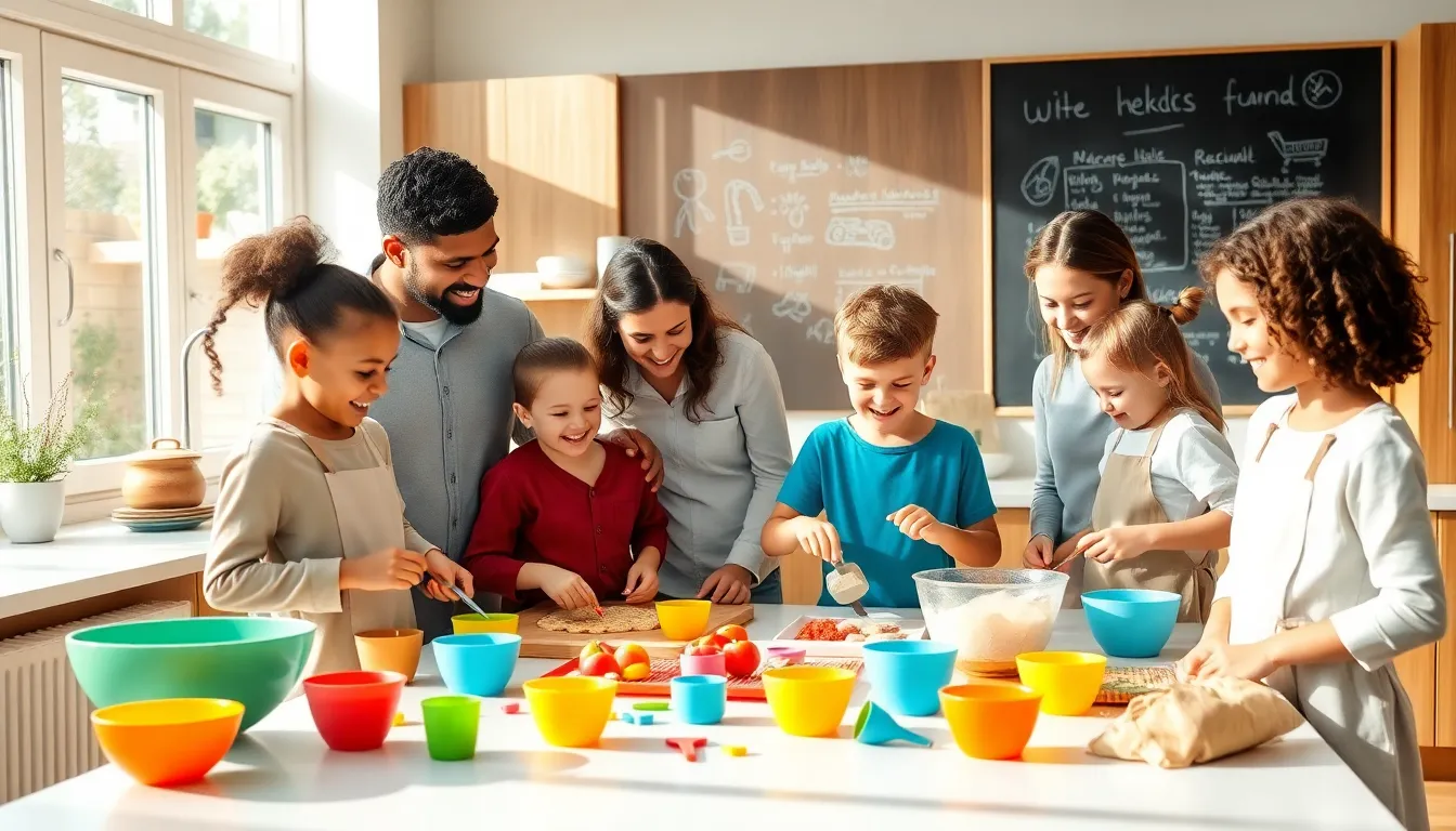 children and adults cooking together in a bright kitchen.