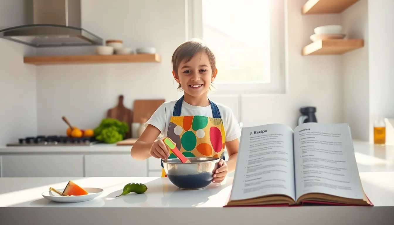 Child confidently cooking in a modern kitchen with vibrant ingredients.