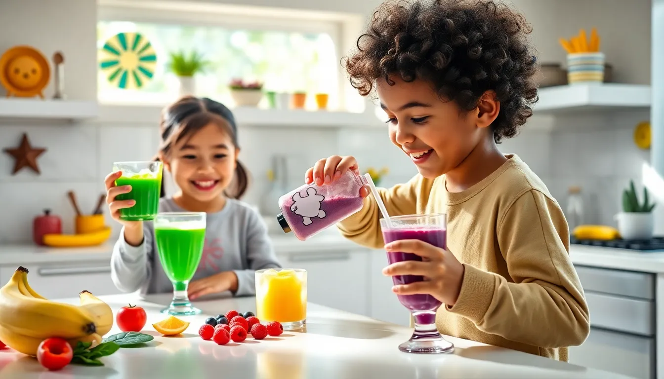 children enjoying healthy nutrition drinks in a bright kitchen.
