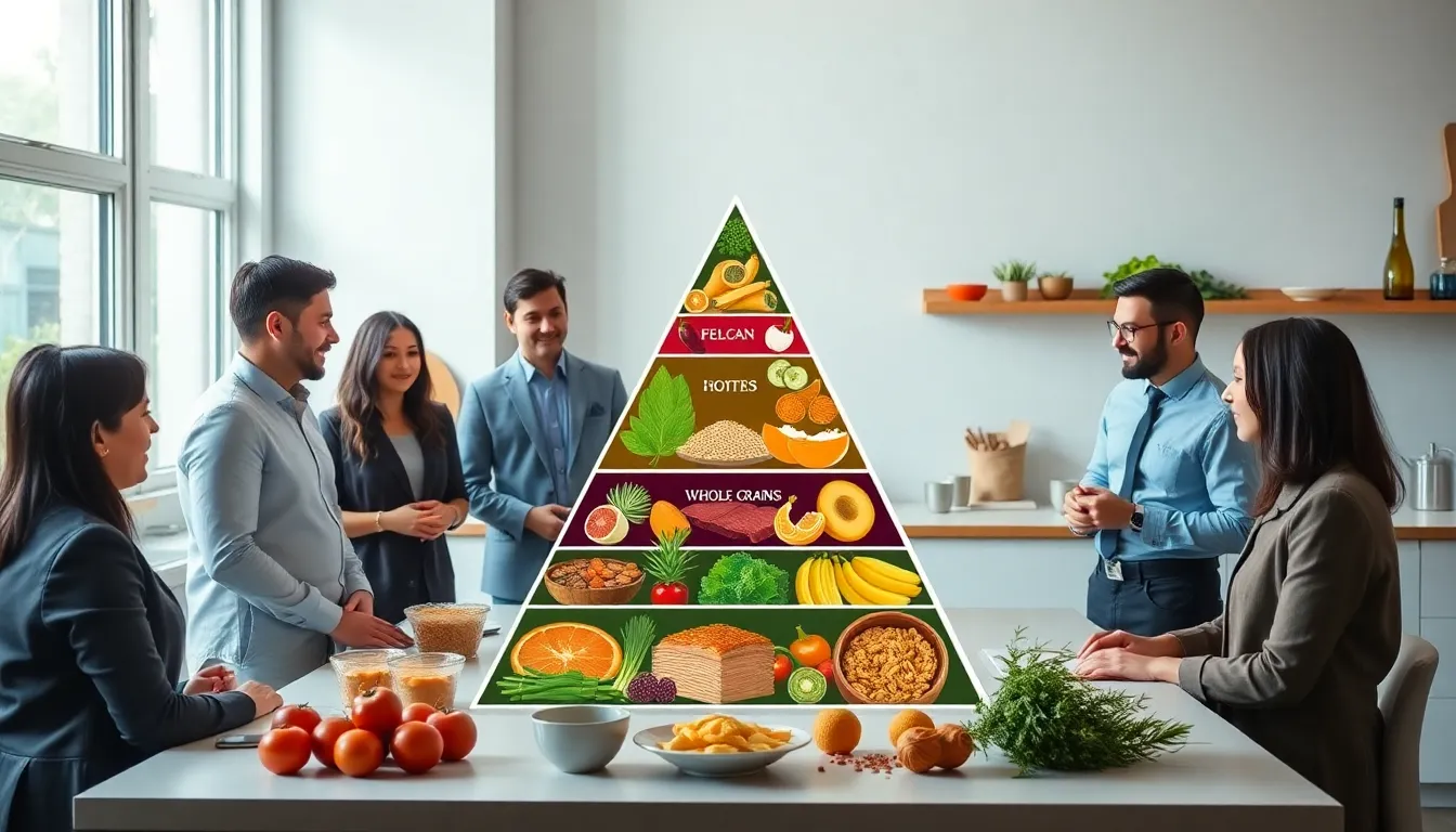 Harvard Food Pyramid with a diverse group discussing healthy eating in a kitchen.